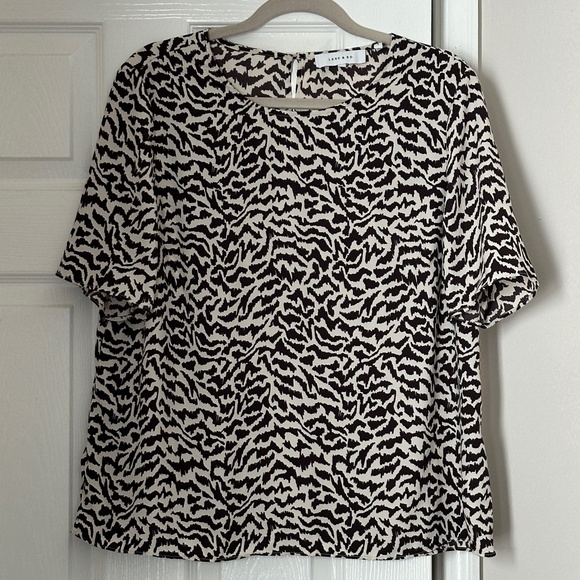 Lark & Ro Blouse Pattern Printed Brown Cream Short Sleeve Boxy Size 14 - Picture 1 of 7